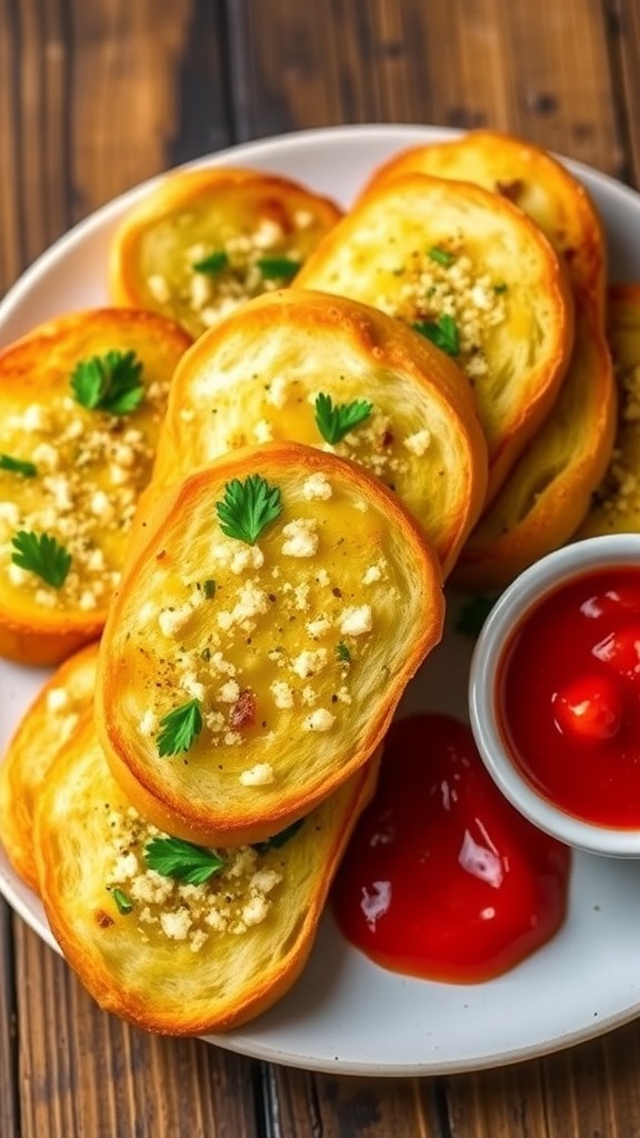 Crispy Air Fryer Garlic Bread Recipe Crispy air fryer garlic bread slices, golden brown with garlic butter, served with marinara sauce on a rustic table.